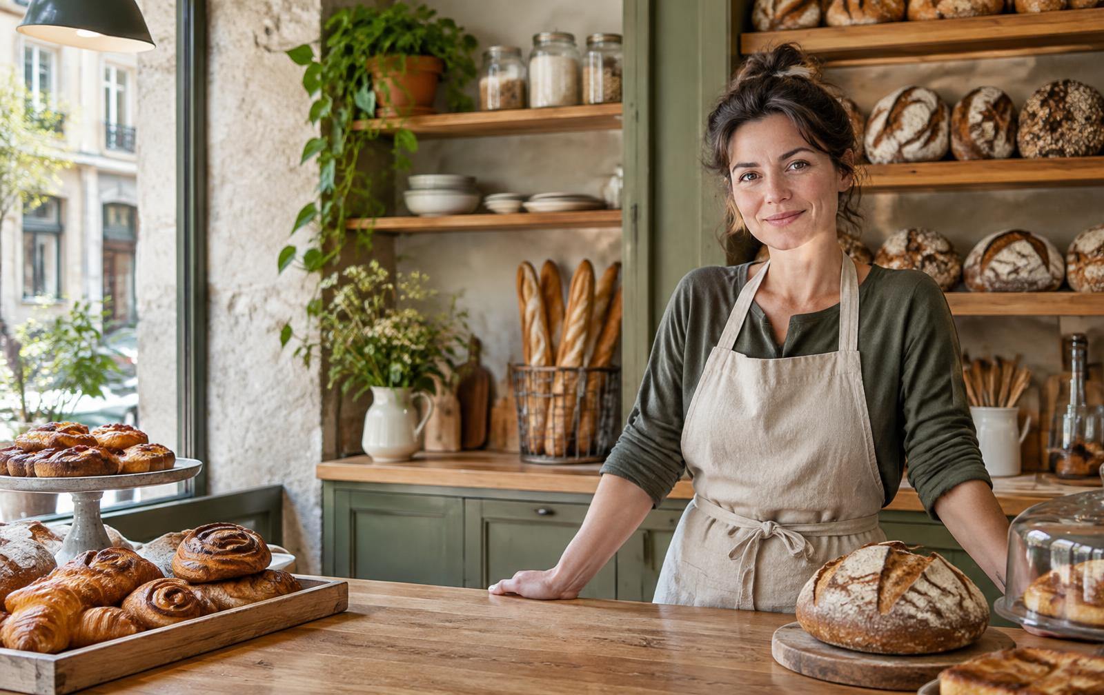 Une boulangère derrière son comptoir